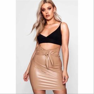 Plus Lisa Paper Bag Waist Tie Front PU Skirt